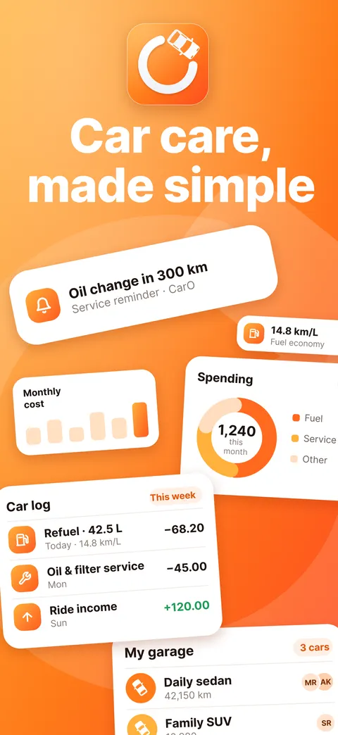 CarO app home screen showing a car with upcoming service and recent costs